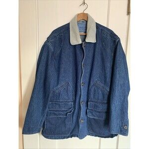 Denim Trucker Barn Jacket Sz L VTG 90s Corduroy Collar Chore Coat Multi Pockets